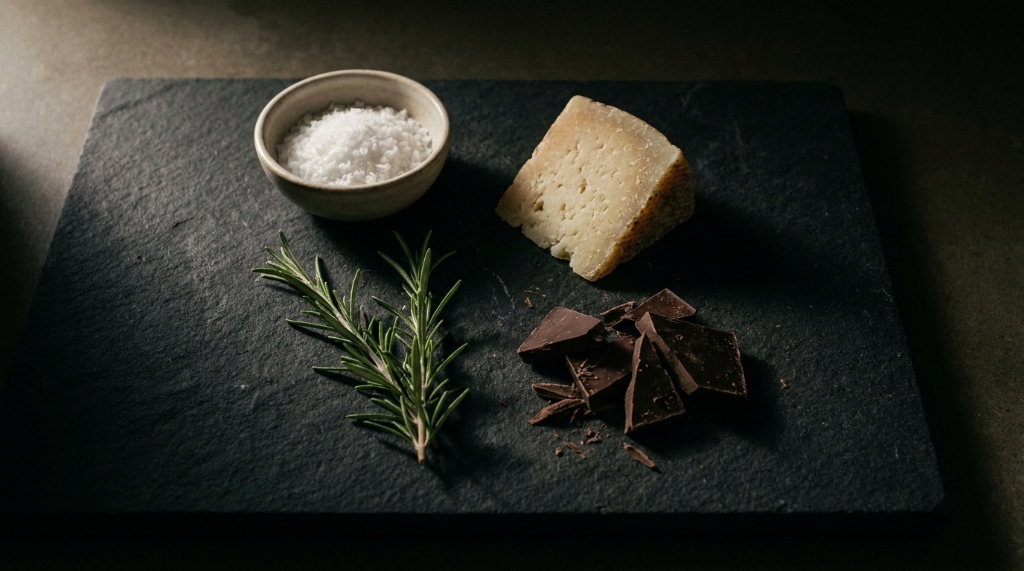 Premium wholesale food ingredients including cheese, dark chocolate, rosemary, and sea salt on a slate board